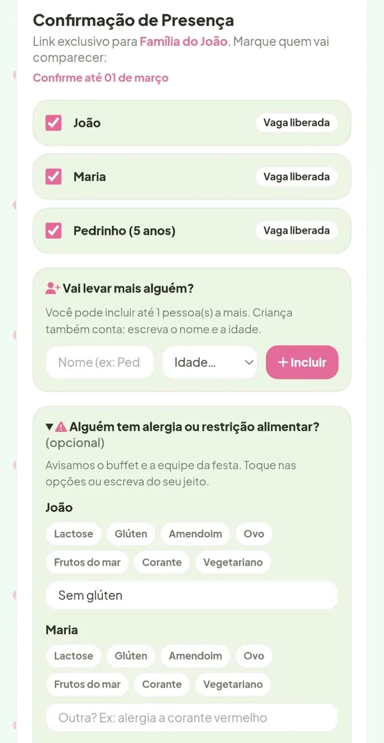 Confirmação de presença com nomes liberados, campo para incluir acompanhante e opções de alergia