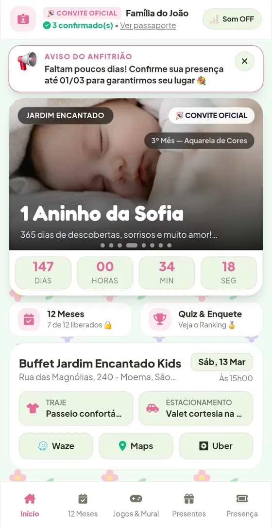 Convite 1 Aninho da Sofia aberto no celular: aviso do anfitrião, foto de capa, contagem regressiva, local do buffet e botões de rota para Waze, Maps e Uber