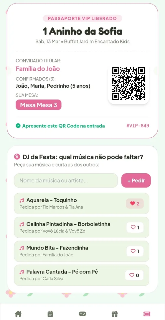 Passaporte VIP liberado com QR Code, nomes confirmados e mesa, e pedidos de música para o DJ