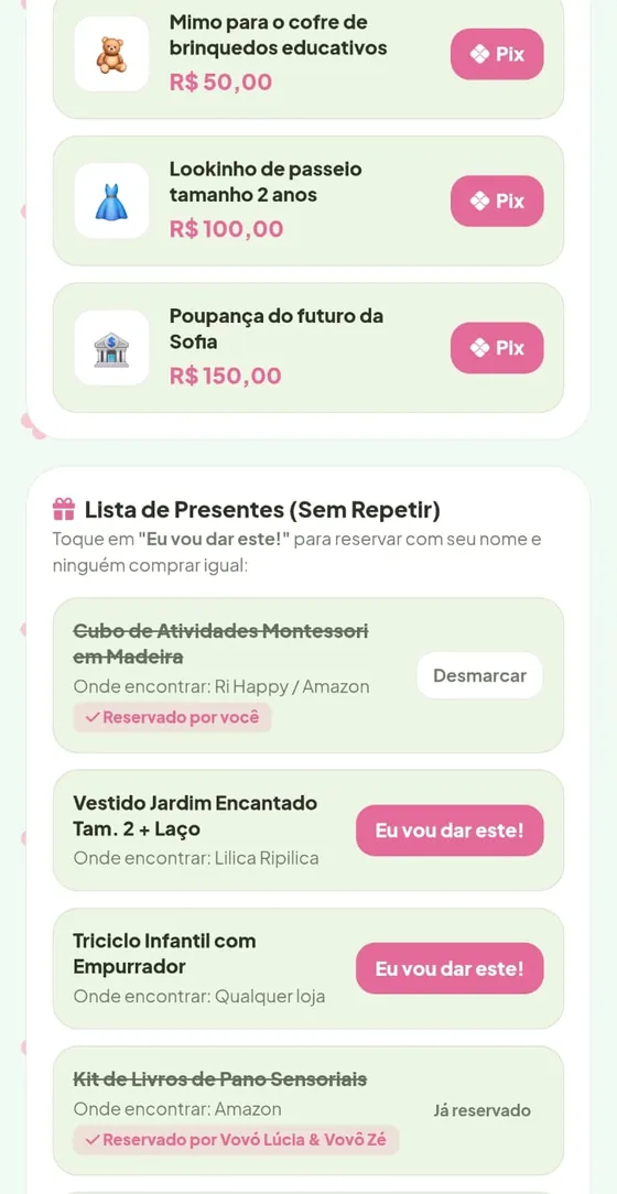 Mimos via Pix com valores e lista de presentes com botão Eu vou dar este