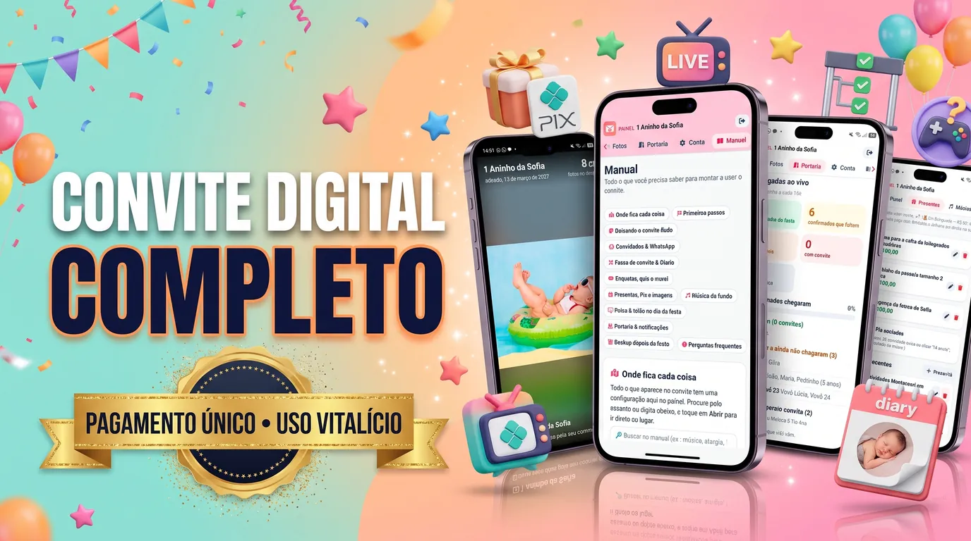 Convite Digital Completo: pagamento único e uso vitalício, com o convite, o painel, a portaria e o manual em celulares