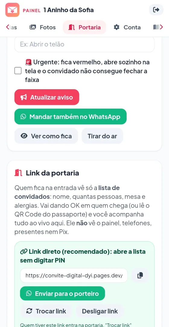 Aviso geral com opção urgente e link da portaria com botão Enviar para o porteiro