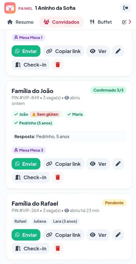 Lista de convidados com status Confirmado 3/3 e Pendente, PIN, mesa e botões Enviar, Copiar link, Ver e Check-in