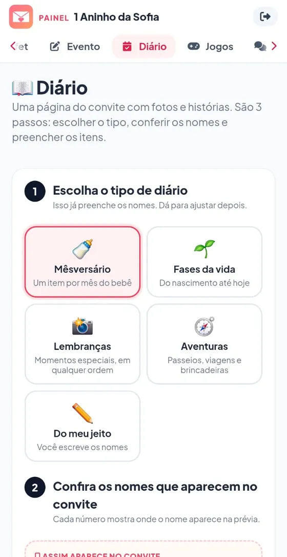 Editor do diário: escolha entre Mêsversário, Fases da vida, Lembranças, Aventuras ou Do meu jeito