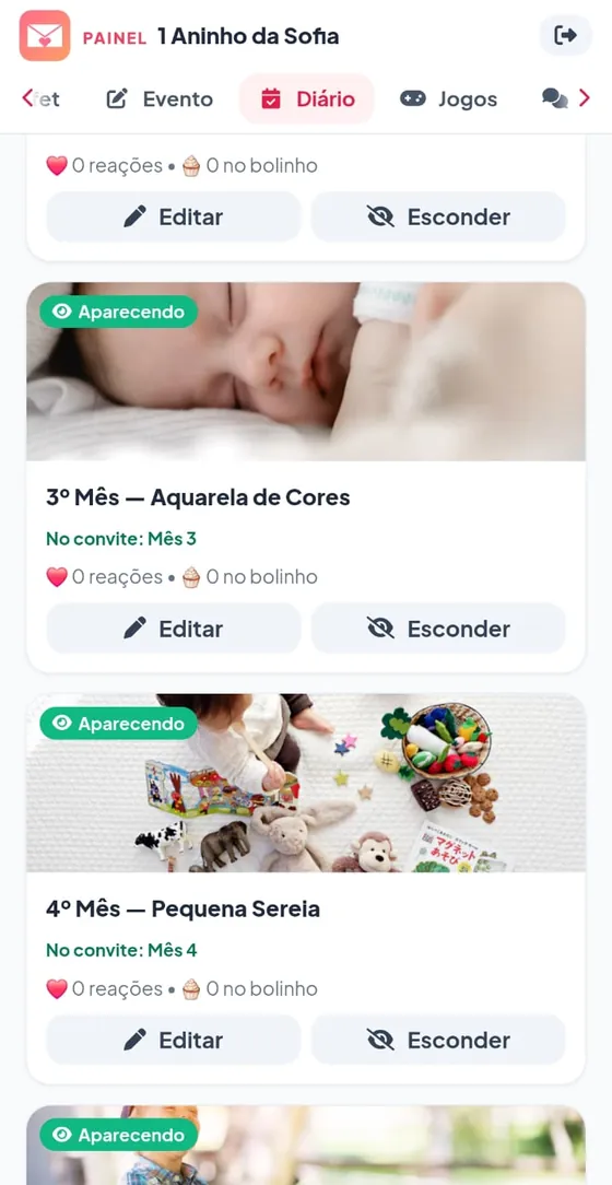 Diário no painel com os meses aparecendo, reações e botões Editar e Esconder