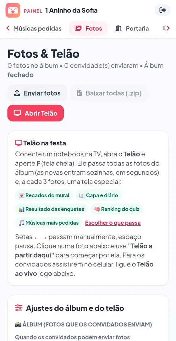 Fotos e telão: enviar fotos, baixar todas em zip e abrir o telão