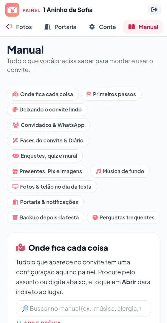 Manual do painel com tópicos e busca