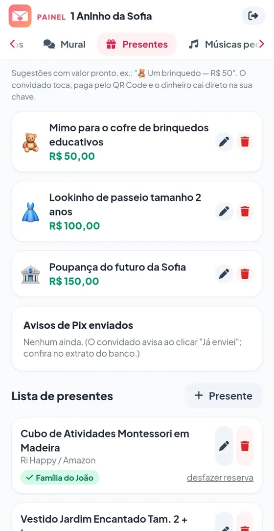 Presentes e Pix no painel: cotas de Pix com valores e lista de presentes com reserva da Família do João