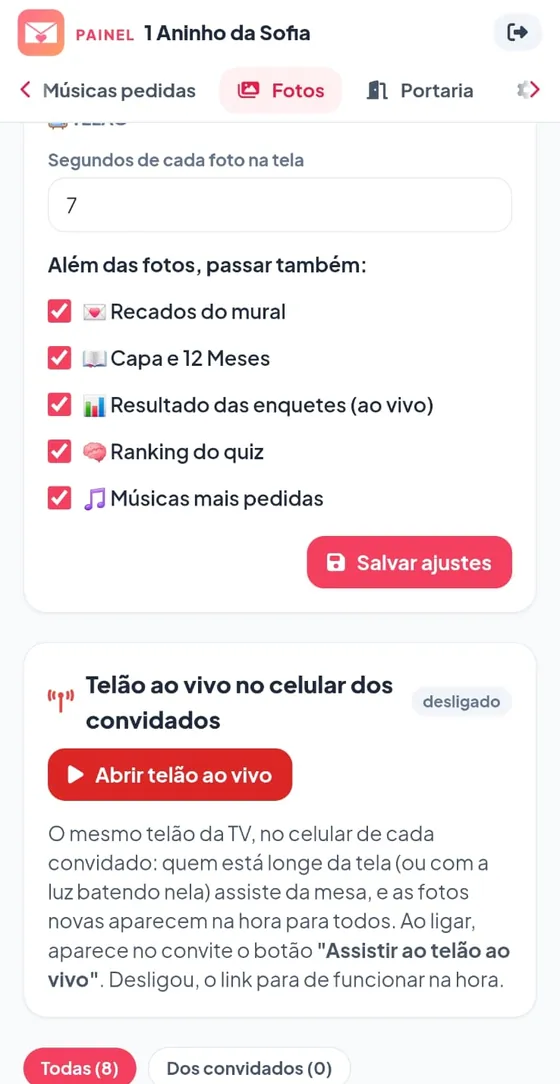 Ajustes do telão: recados do mural, capa e 12 meses, resultado das enquetes, ranking do quiz e músicas mais pedidas, e telão ao vivo no celular dos convidados
