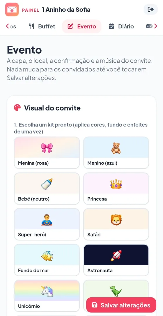 Visual do convite: kits prontos Menina, Menino, Bebê, Princesa, Super-herói, Safári, Fundo do mar, Astronauta e Unicórnio